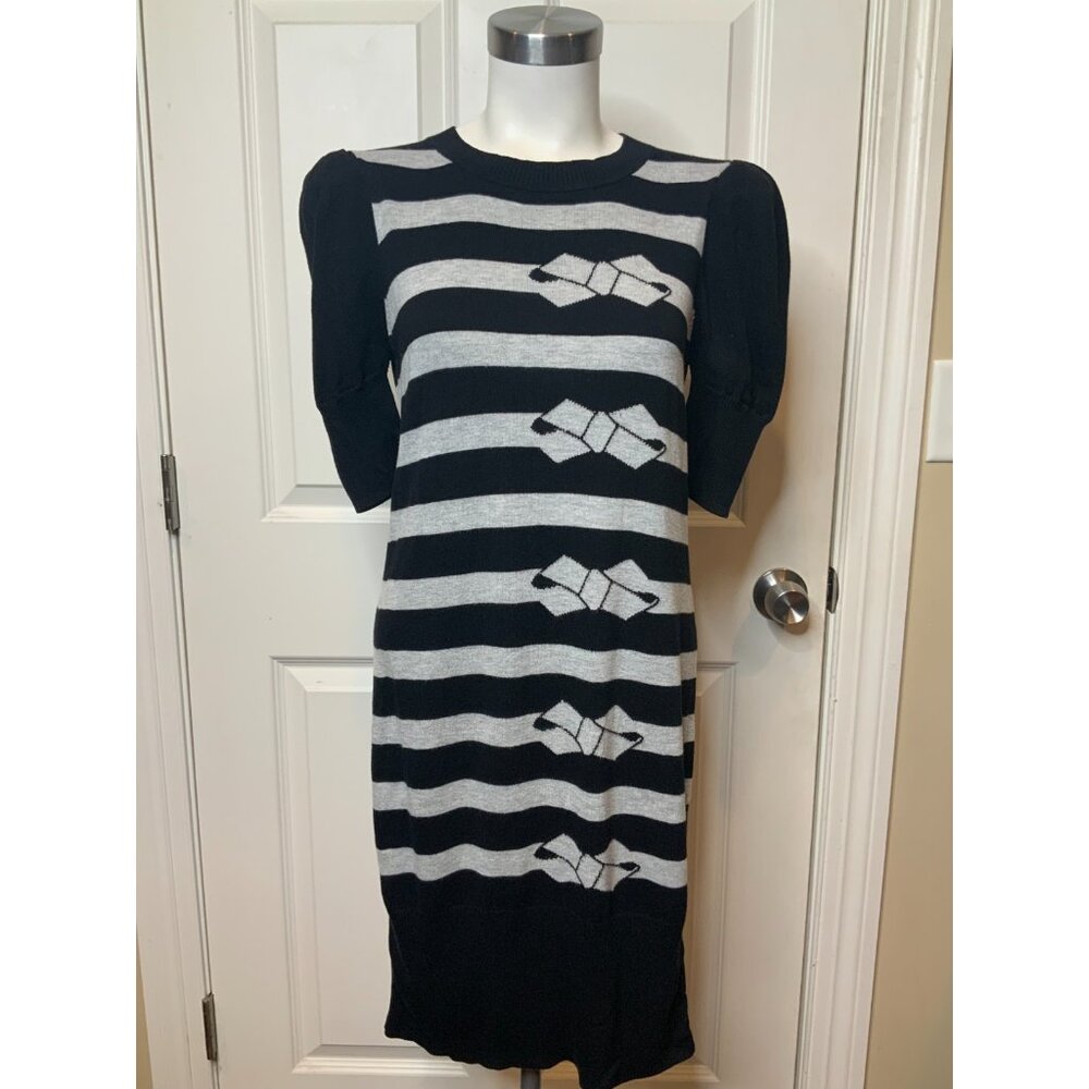 Ted Baker Black & Gray Striped Bow Puff Sleeve Sweater Dress, Size Small (2)